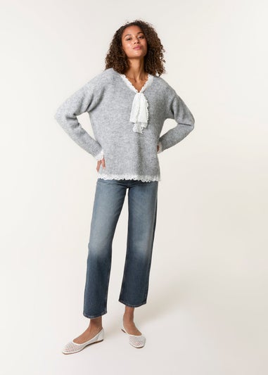 Blue Vanilla Grey Lace Trim Pussy Bow Jumper