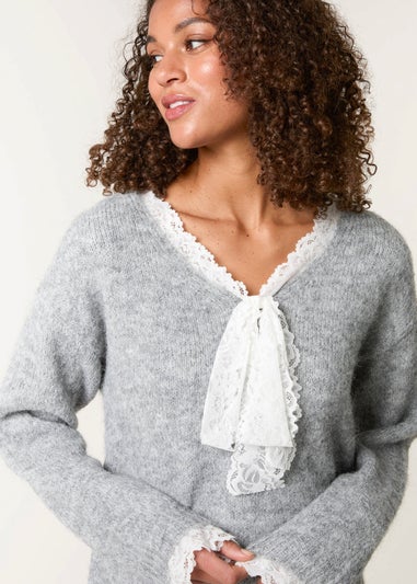 Blue Vanilla Grey Lace Trim Pussy Bow Jumper