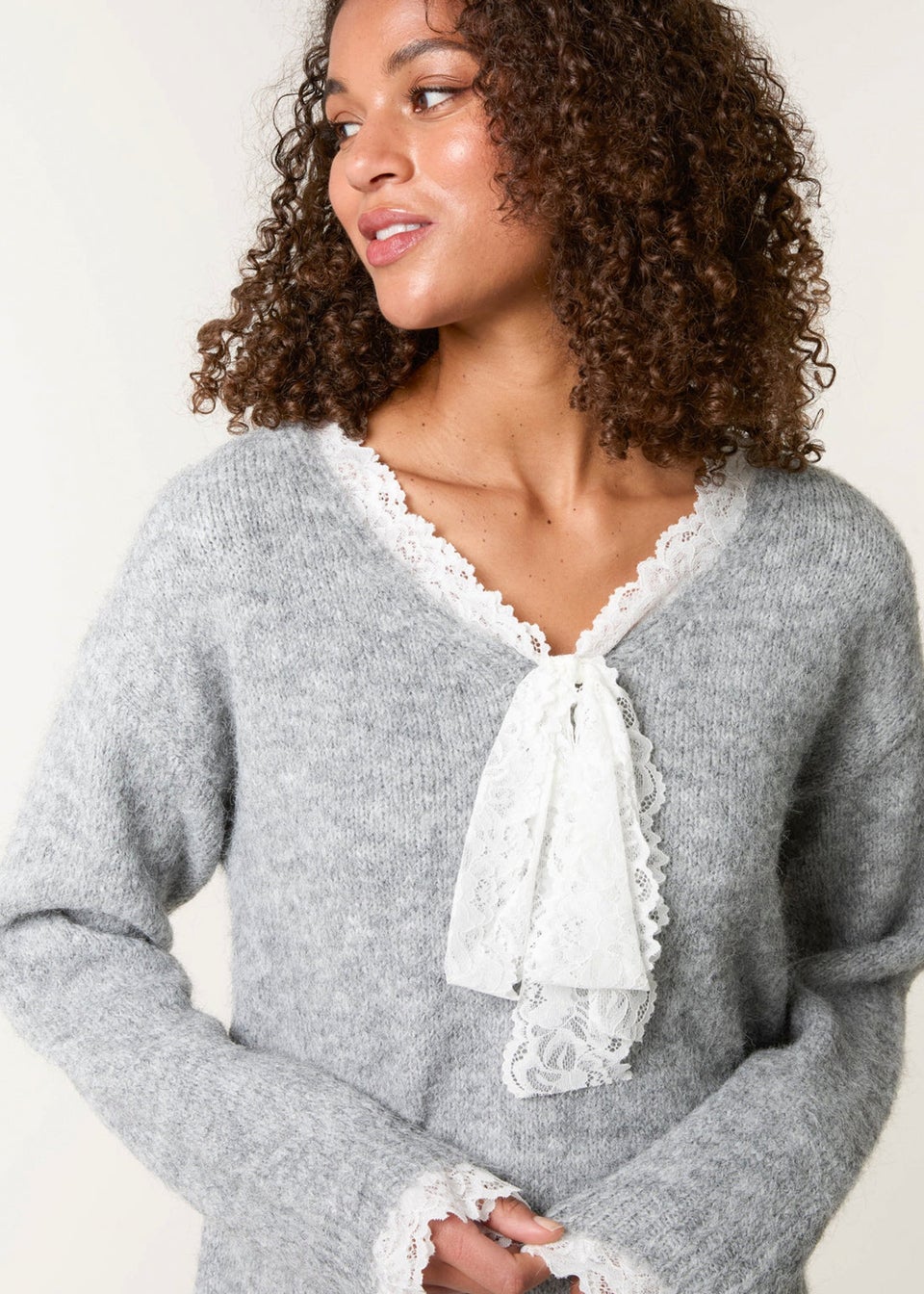 Blue Vanilla Grey Lace Trim Pussybow Jumper