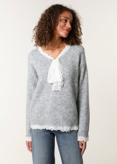 Blue Vanilla Grey Lace Trim Pussy Bow Jumper