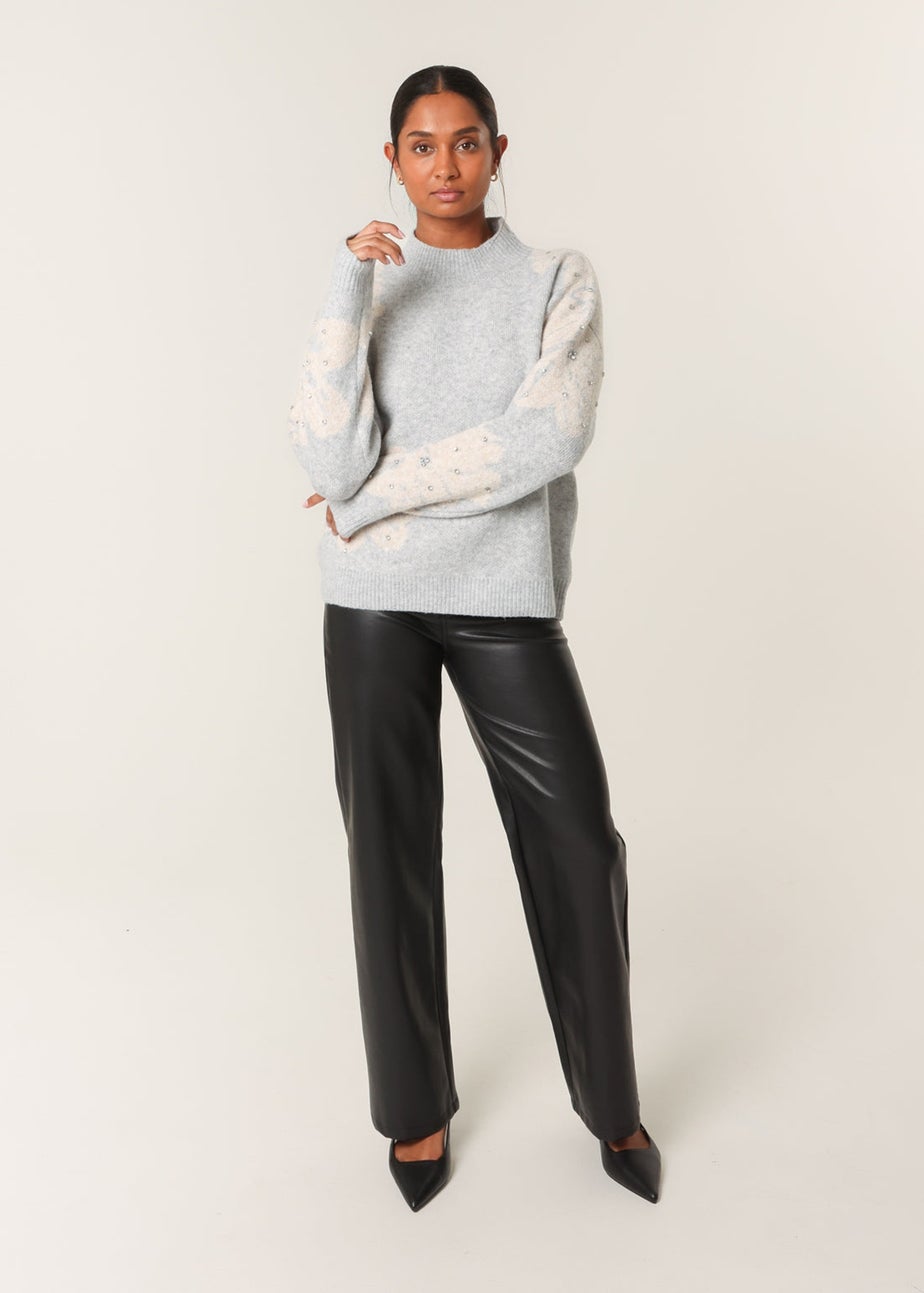 Blue Vanilla Grey Flower Diamante Detailed Knitted Jumper