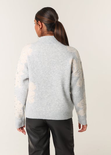 Blue Vanilla Grey Flower Diamante Detailed Knitted Jumper