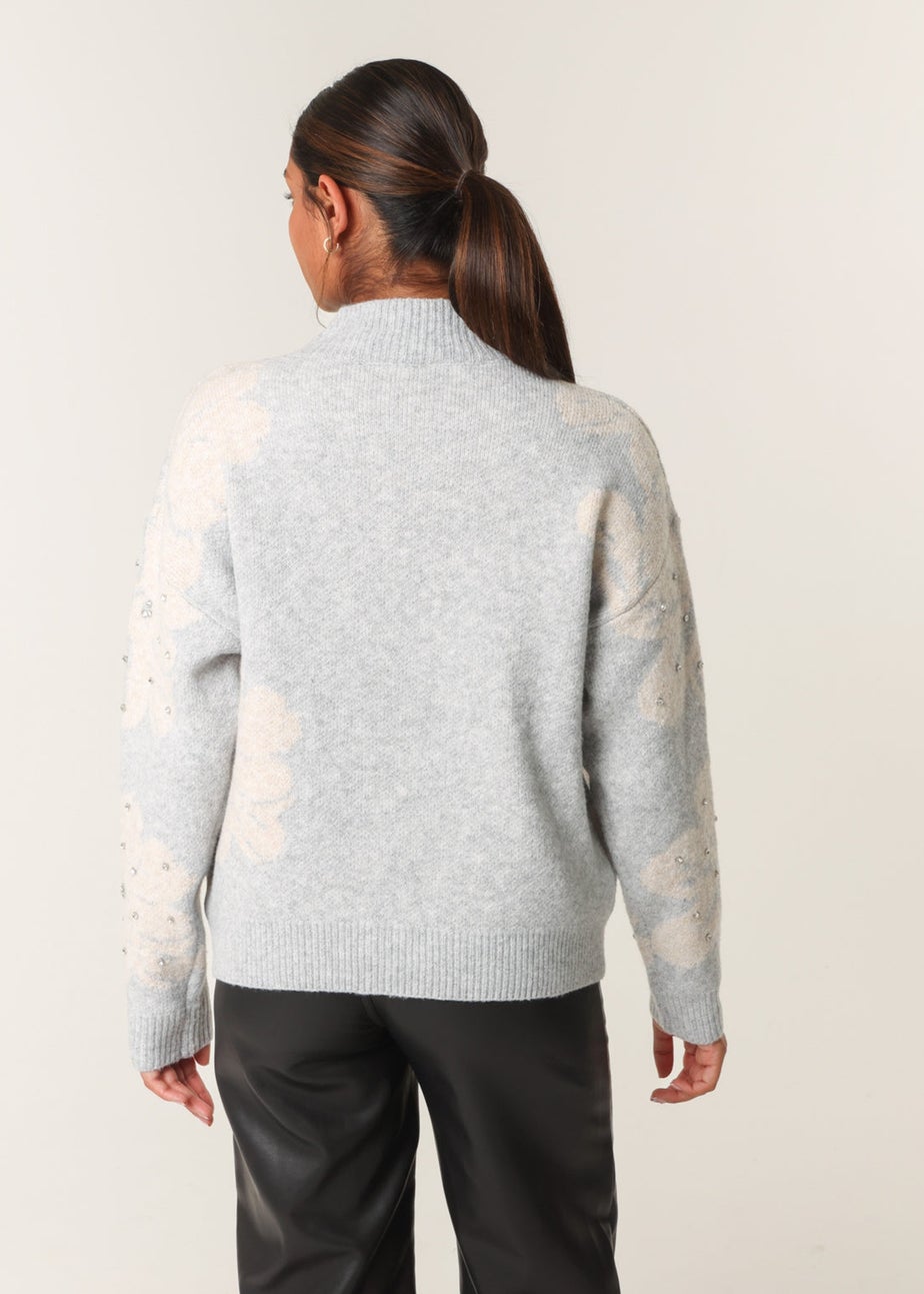 Blue Vanilla Grey Flower Diamante Detailed Knitted Jumper