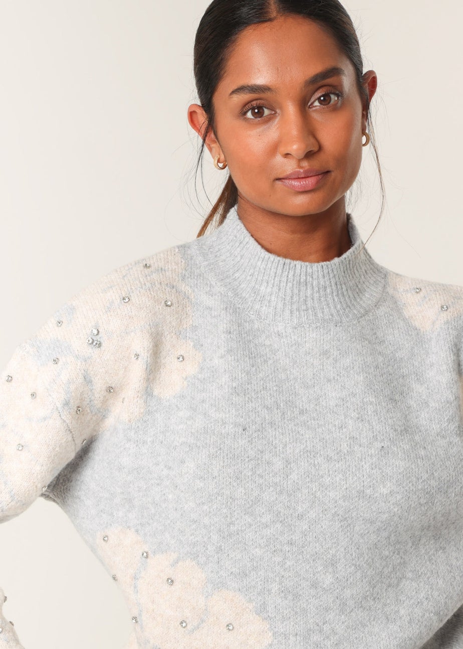 Blue Vanilla Grey Flower Diamante Detailed Knitted Jumper