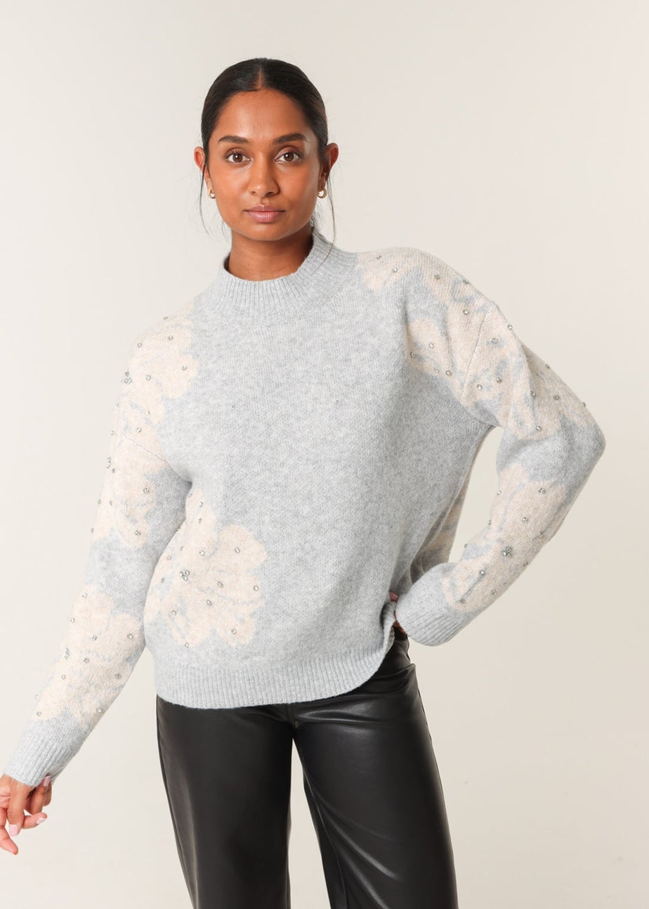 Blue Vanilla Grey Flower Diamante Detailed Knitted Jumper