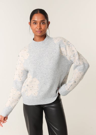 Blue Vanilla Grey Flower Diamante Detailed Knitted Jumper