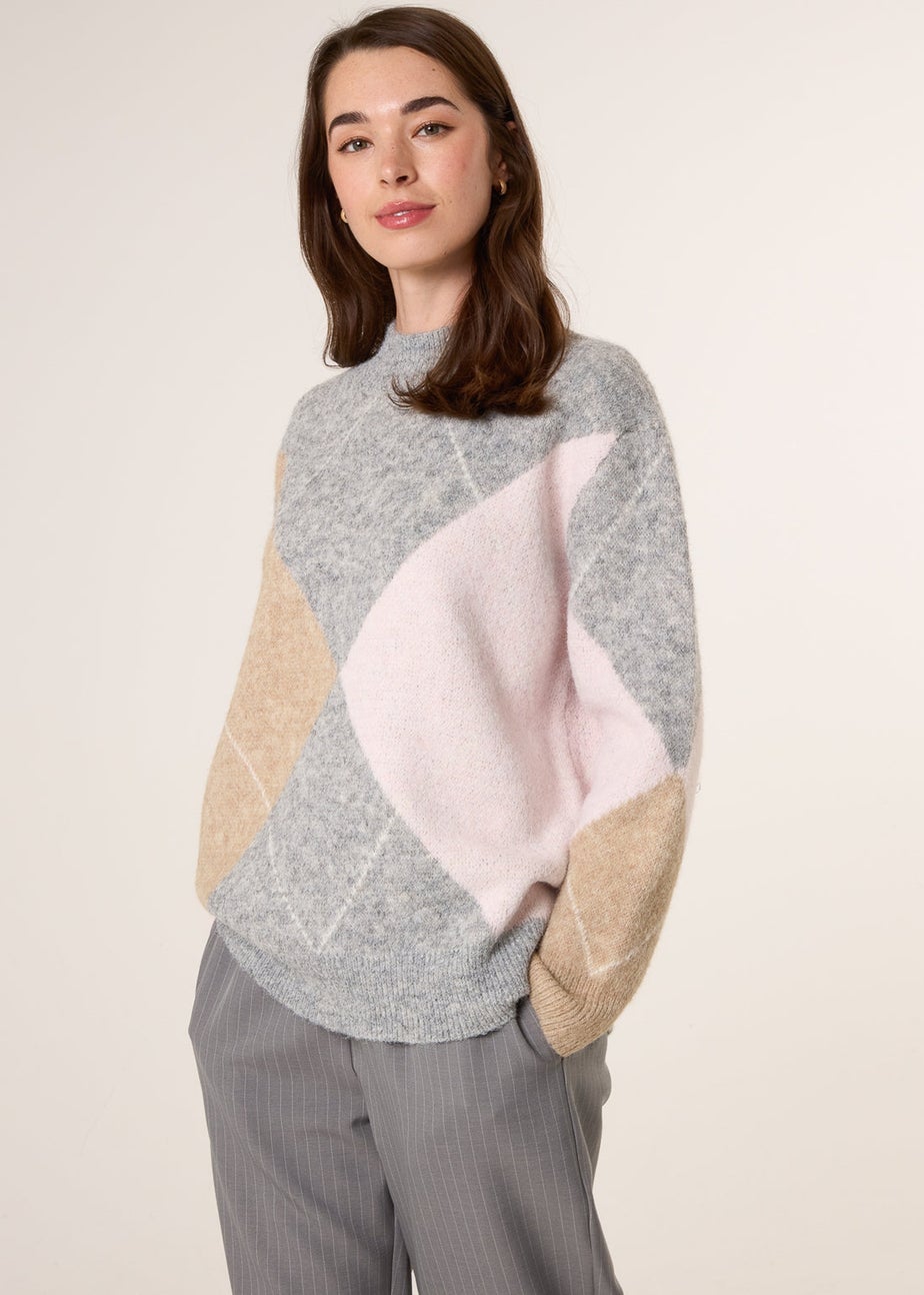Blue Vanilla Grey Argyle Knitted Crew Neck Jumper
