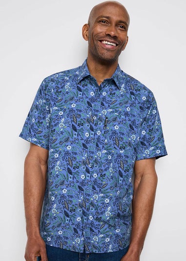 Cotton Traders Misty Blue Guinness TM 1/2 Short Sleeve Soft Touch Floral Print Shirt
