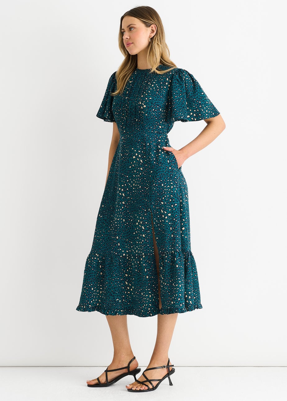 Gini London Green Animal Print Smock Oversized Tiered Midi Dress