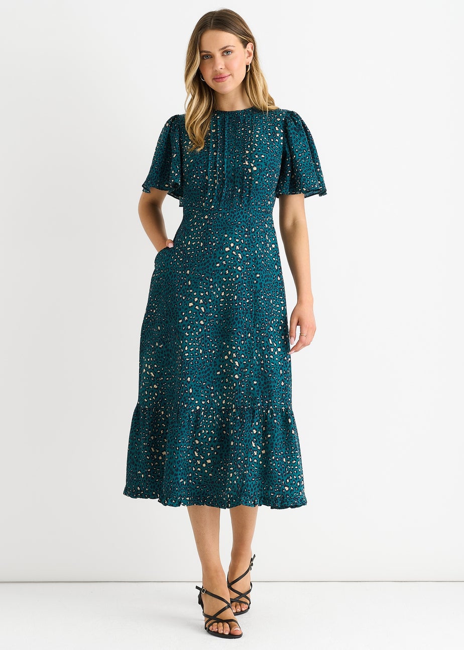 Gini London Green Animal Print Smock Oversized Tiered Midi Dress