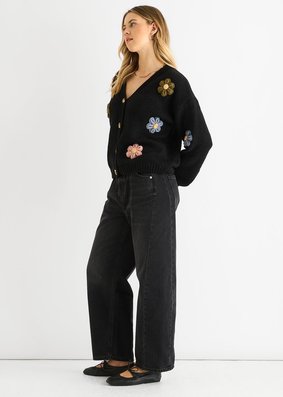 Gini London Black 3D Contrast Flower Crochet Cardigan