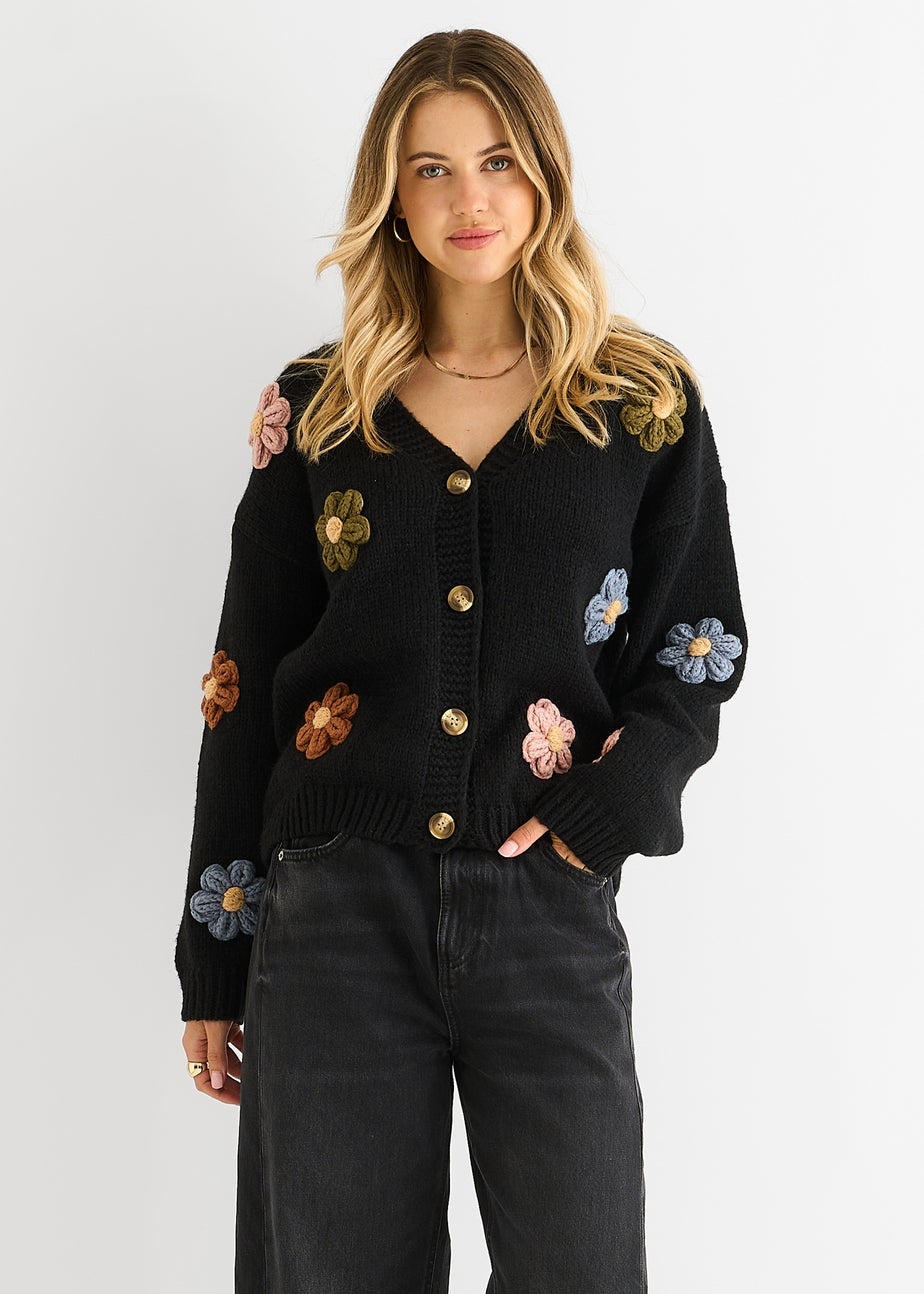 Gini London Black 3D Contrast Flower Crochet Cardigan
