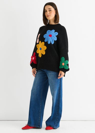Gini London Black Floral Crochet Chunky Knit Oversized Jumper