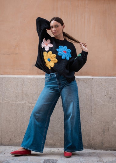 Gini London Black Floral Crochet Chunky Knit Oversized Jumper