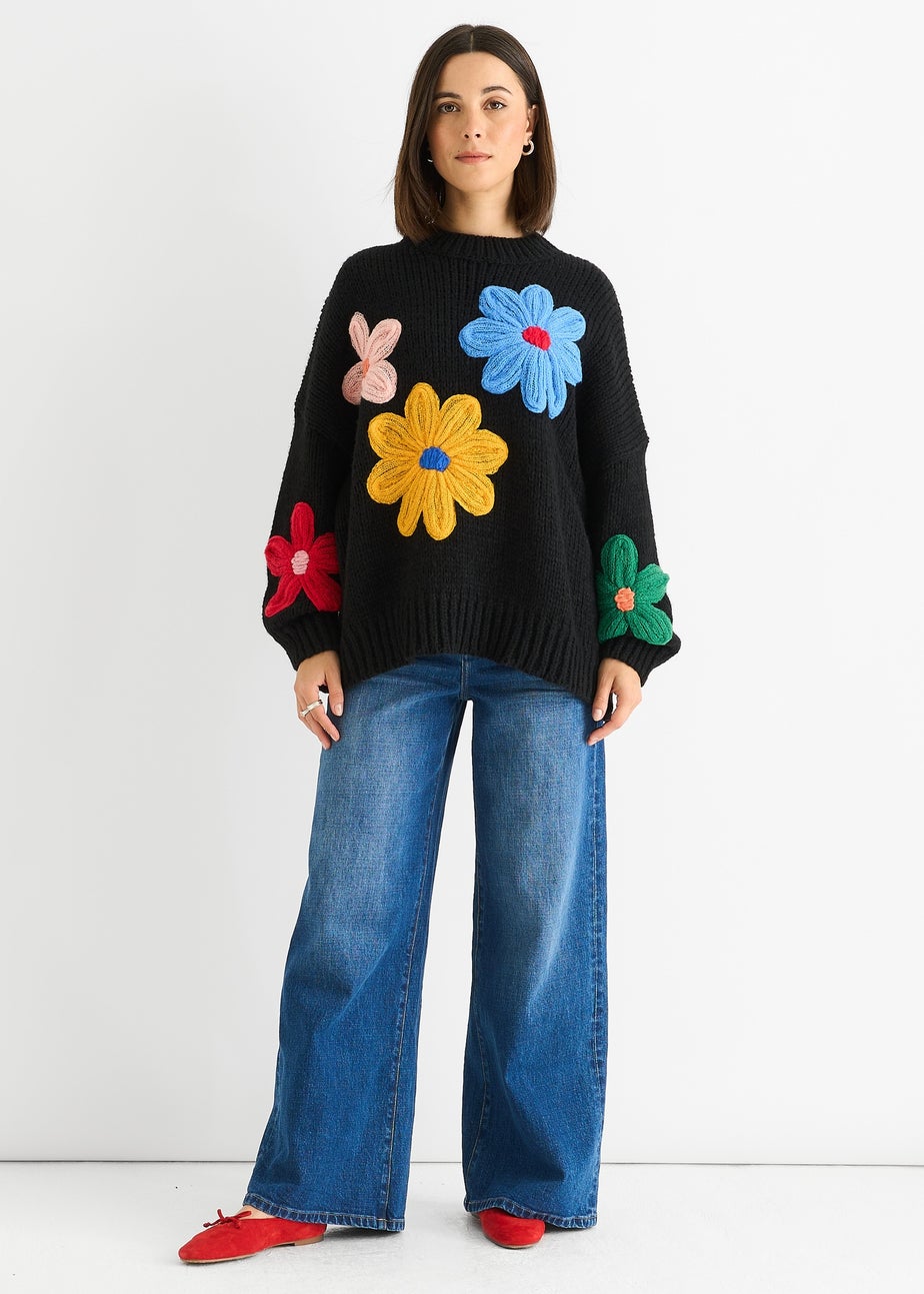 Gini London Black Floral Crochet Chunky Knit Oversized Jumper