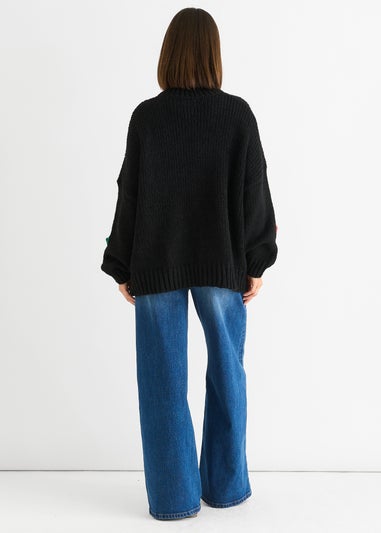 Gini London Black Floral Crochet Chunky Knit Oversized Jumper
