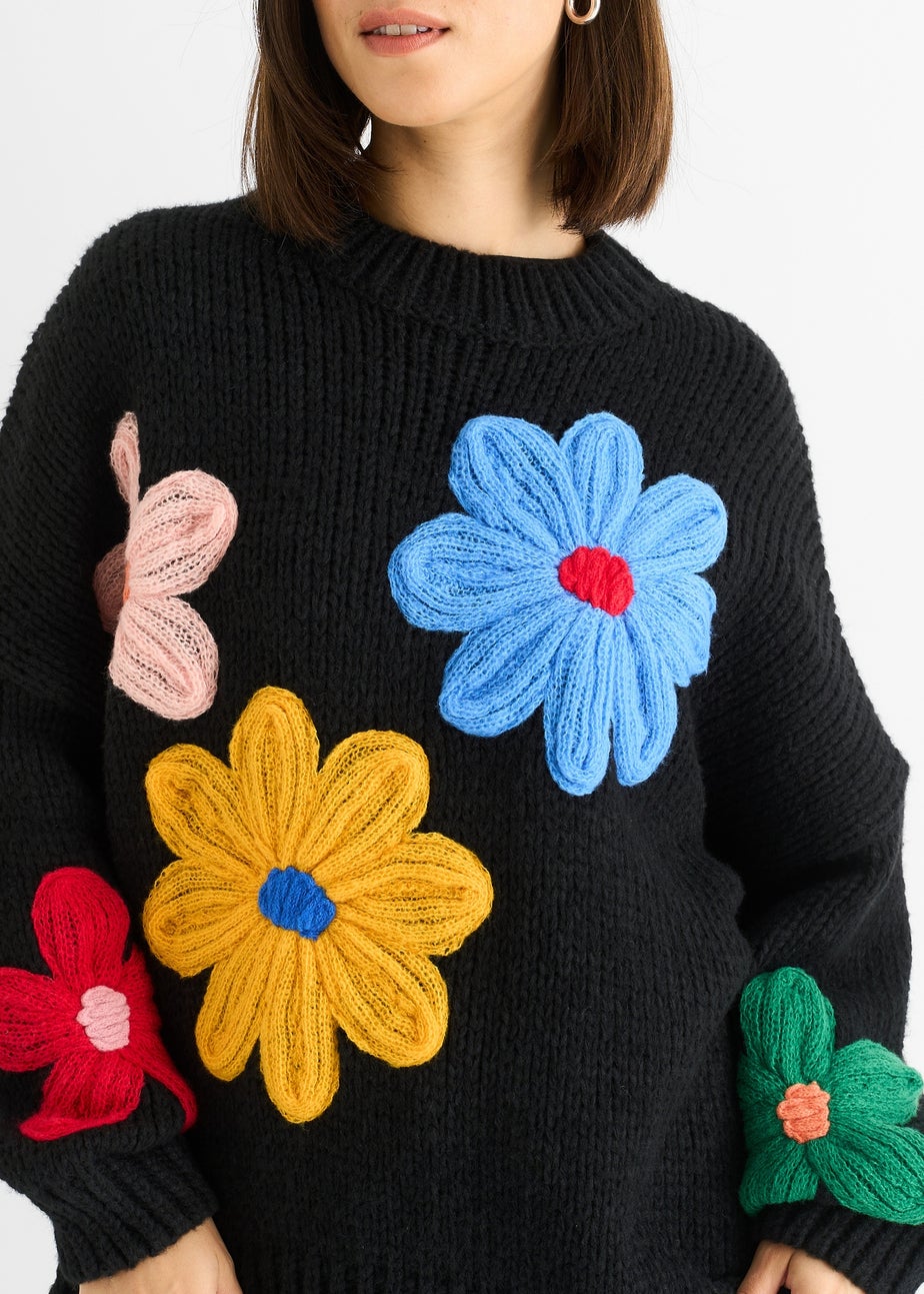 Gini London Black Floral Crochet Chunky Knit Oversized Jumper