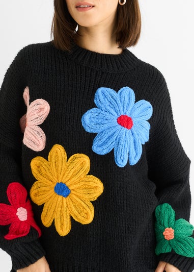 Gini London Black Floral Crochet Chunky Knit Oversized Jumper