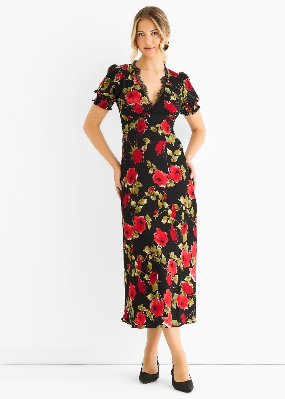 Gini London Black Floral Lace Trim Detail Midi Dress