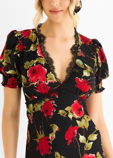 Gini London Black Floral Lace Trim Detail Midi Dress