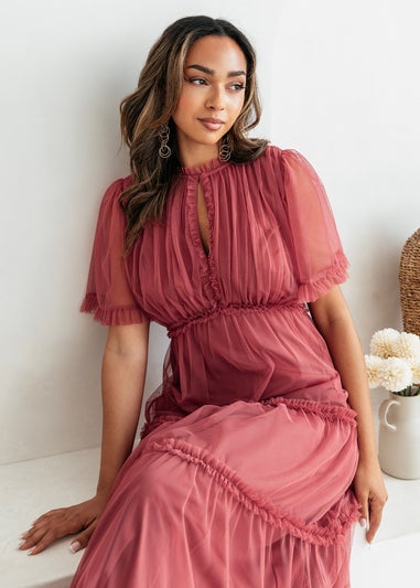 Anaya With Love Garnet Rose Short Sleeve Frill Midaxi Dress