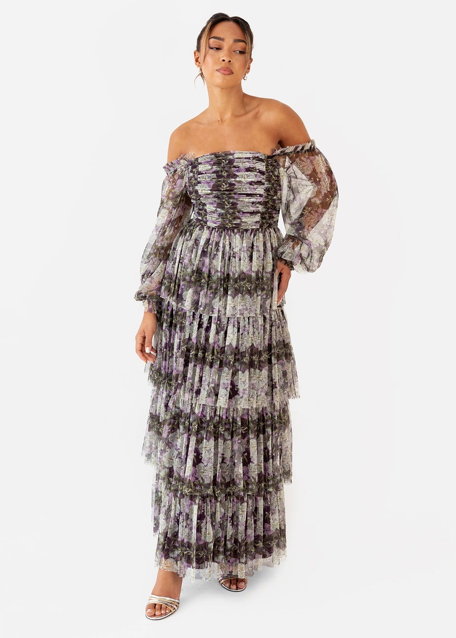 Anaya With Love Floral Lilac Long Sleeve Bardot Maxi Dress