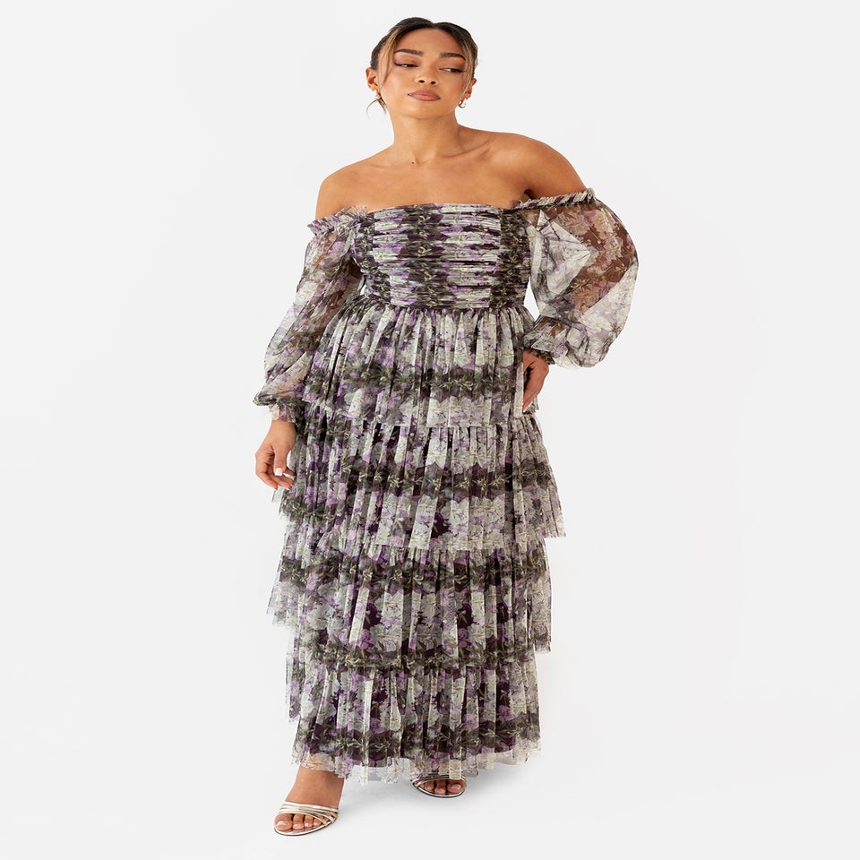 Anaya With Love Floral Lilac Long Sleeve Bardot Maxi Dress