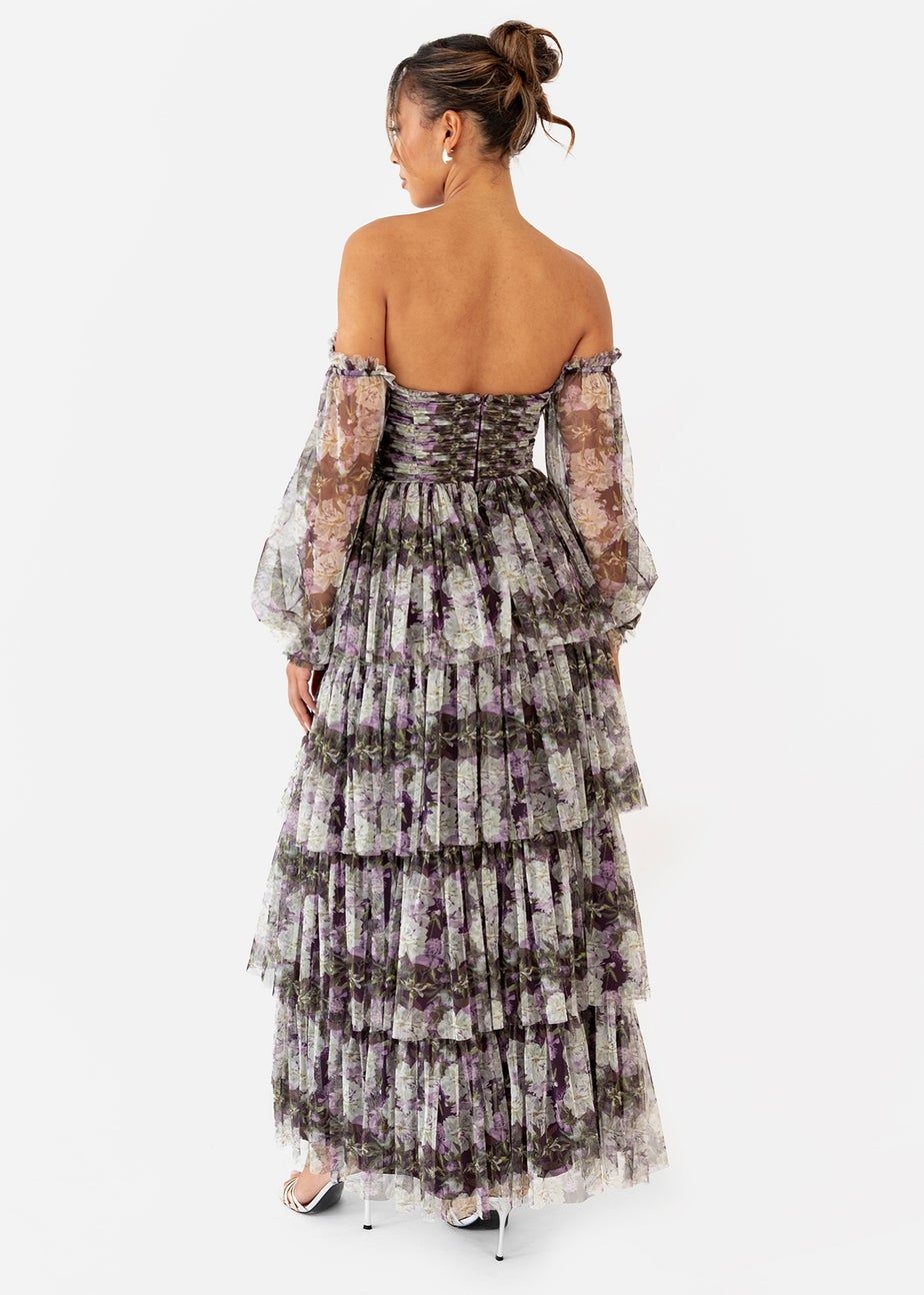 Anaya With Love Floral Lilac Long Sleeve Bardot Maxi Dress