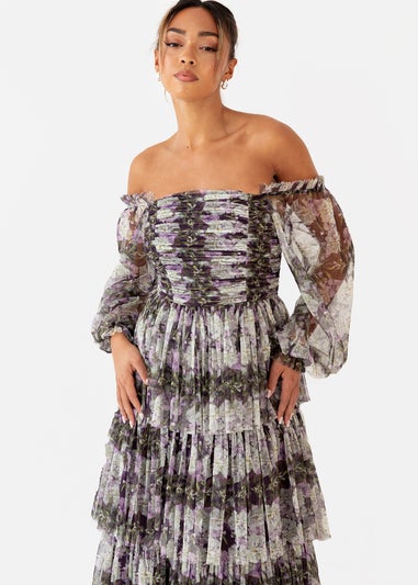 Anaya With Love Floral Lilac Long Sleeve Bardot Maxi Dress