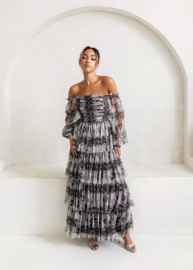 Anaya With Love Floral Lilac Long Sleeve Bardot Maxi Dress