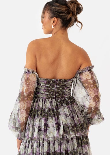 Anaya With Love Floral Lilac Long Sleeve Bardot Maxi Dress