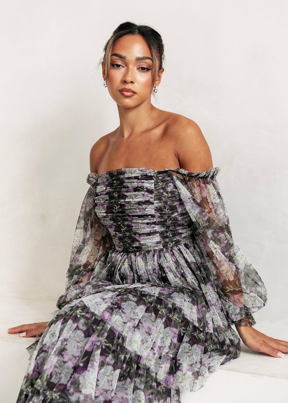 Anaya With Love Floral Lilac Long Sleeve Bardot Maxi Dress