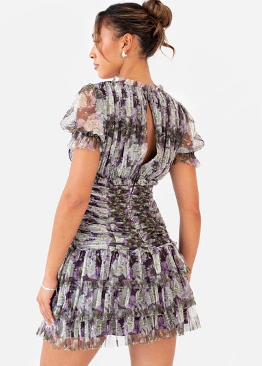 Anaya With Love Floral Lilac Print Short Sleeve Gathered Mini Dress