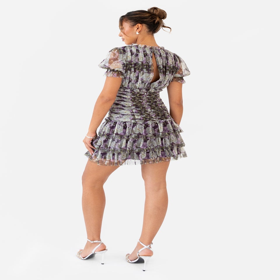 Anaya With Love Floral Lilac Print Short Sleeve Gathered Mini Dress