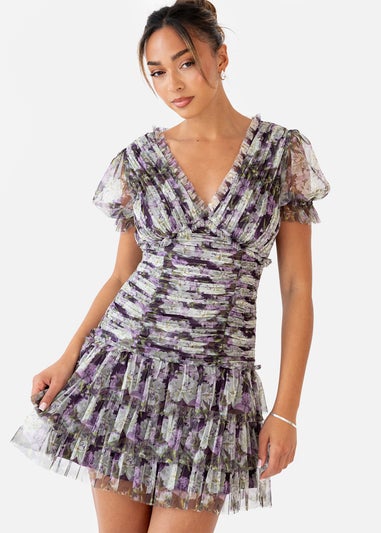 Anaya With Love Floral Lilac Print Short Sleeve Gathered Mini Dress