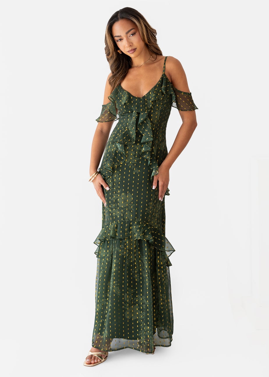 Anaya With Love Floral Green Cold Shoulder Maxi Dress