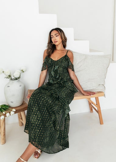Anaya With Love Floral Green Cold Shoulder Maxi Dress