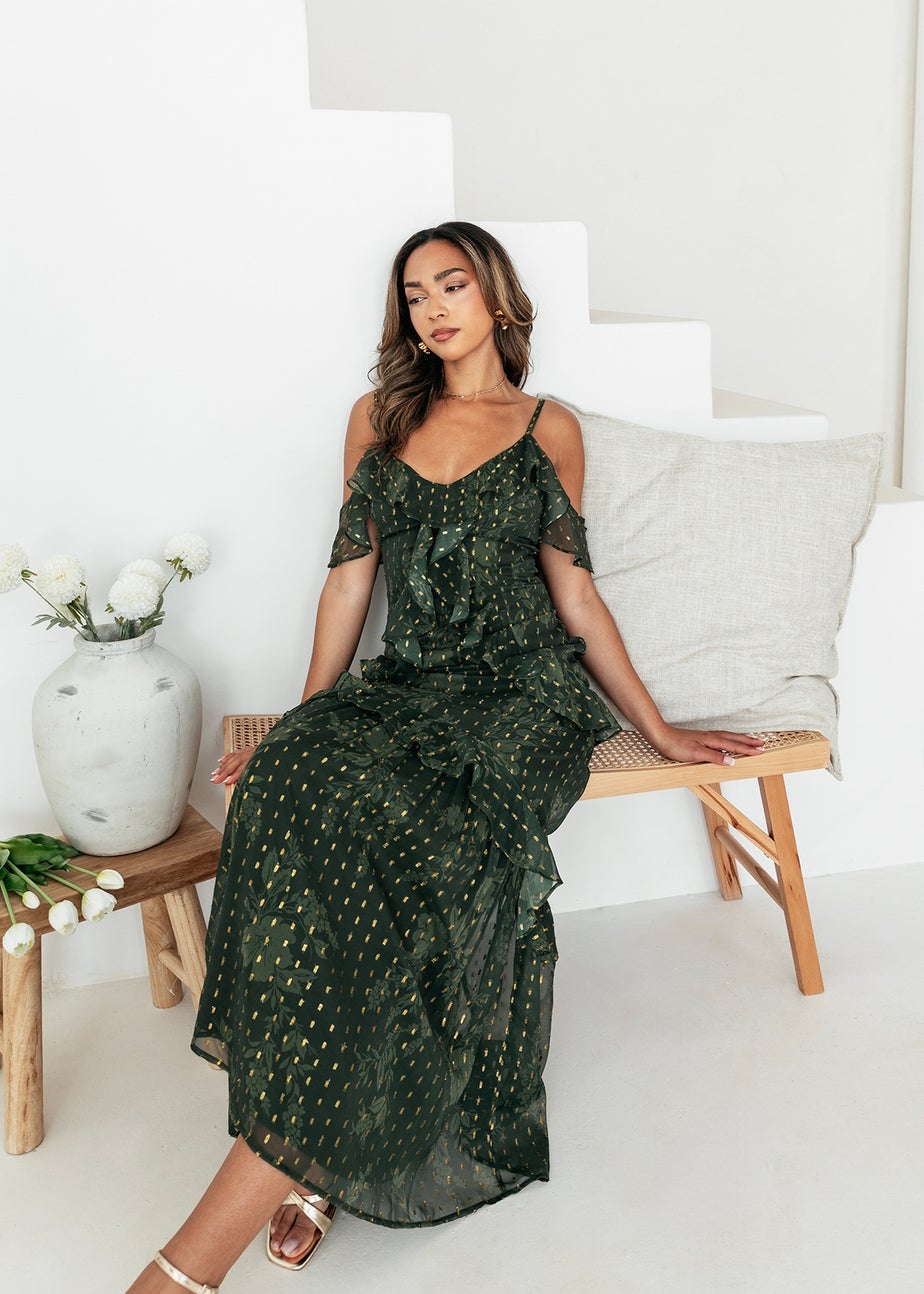 Anaya With Love Floral Green Cold Shoulder Maxi Dress