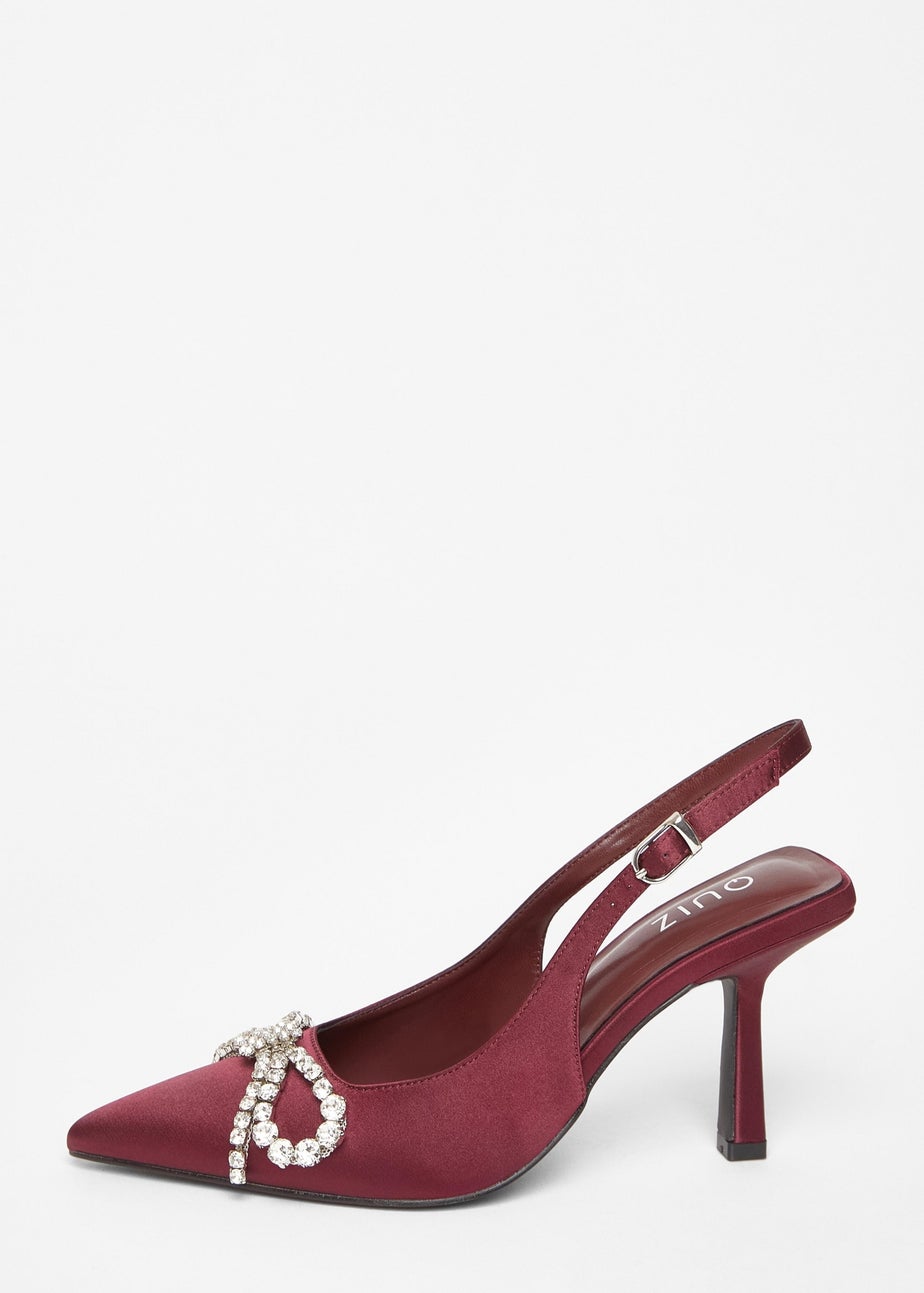 Quiz Burgundy Satin Diamante Bow Court Heels