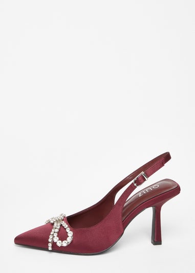 Quiz Burgundy Satin Diamante Bow Court Heels