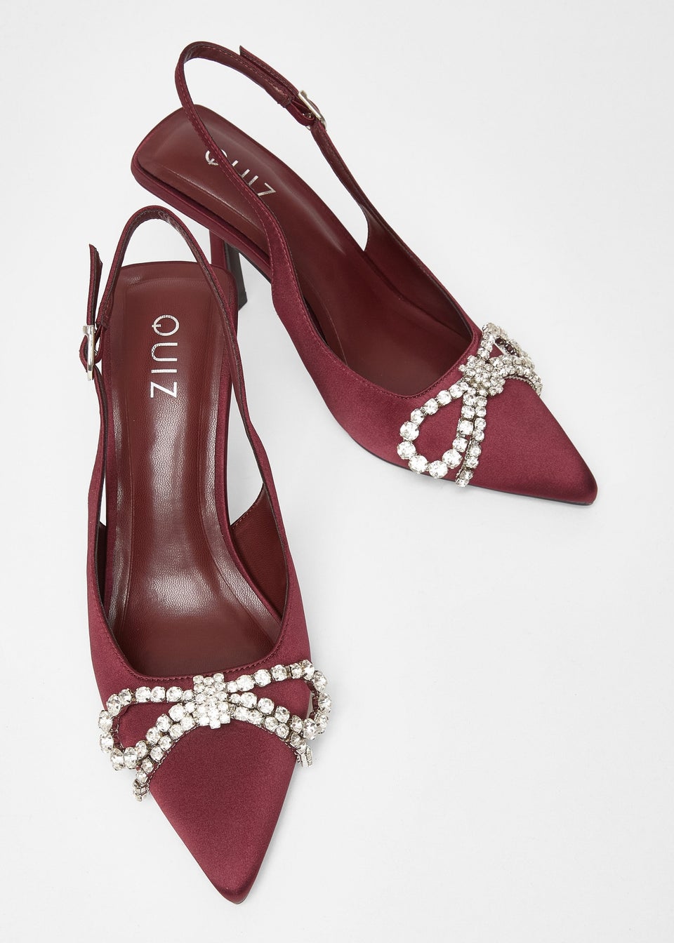 Quiz Burgundy Satin Diamante Bow Court Heels