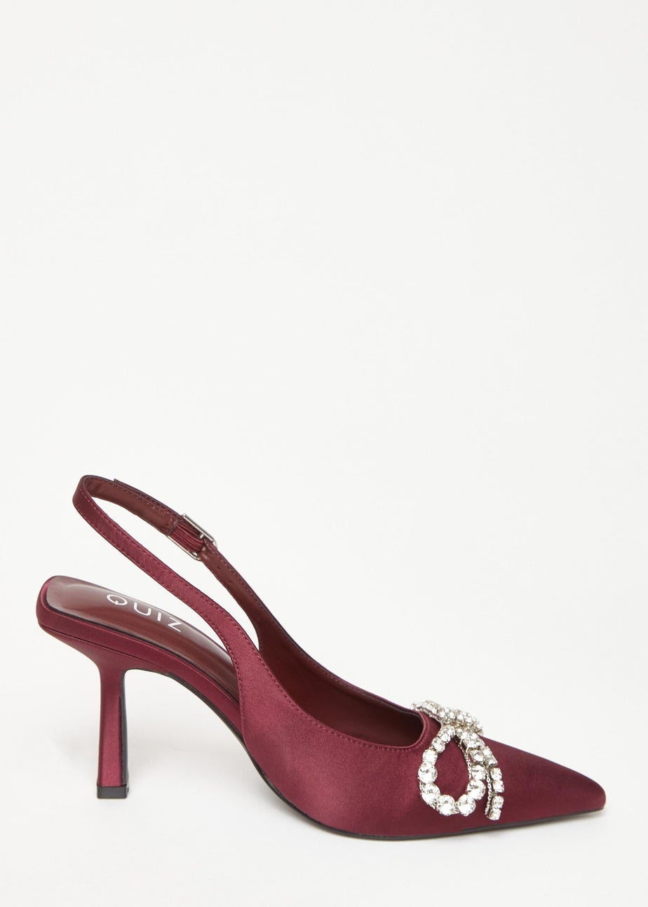 Quiz Burgundy Satin Diamante Bow Court Heels