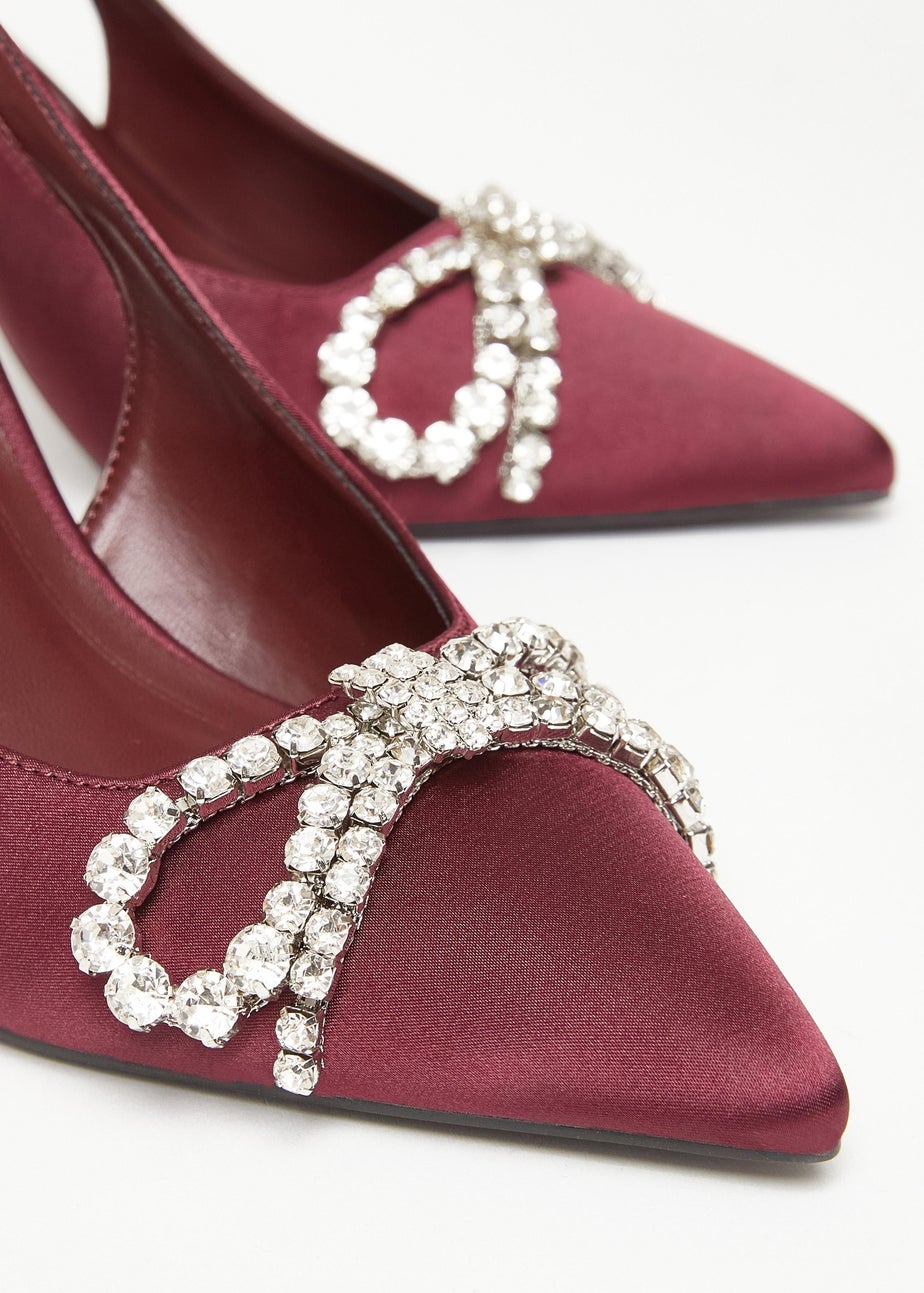 Quiz Burgundy Satin Diamante Bow Court Heels