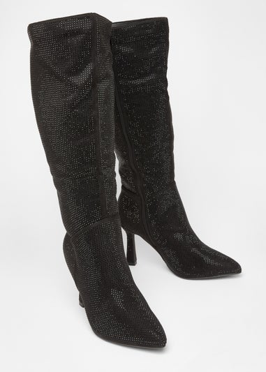Quiz Black Wide Fit Diamante Knee High Boot