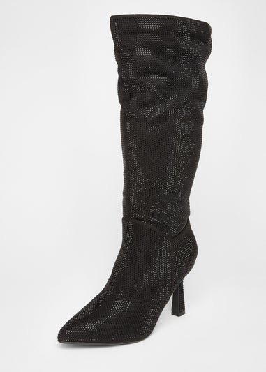 Quiz Black Wide Fit Diamante Knee High Boot