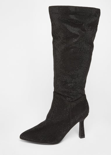 Quiz Black Wide Fit Diamante Knee High Boot
