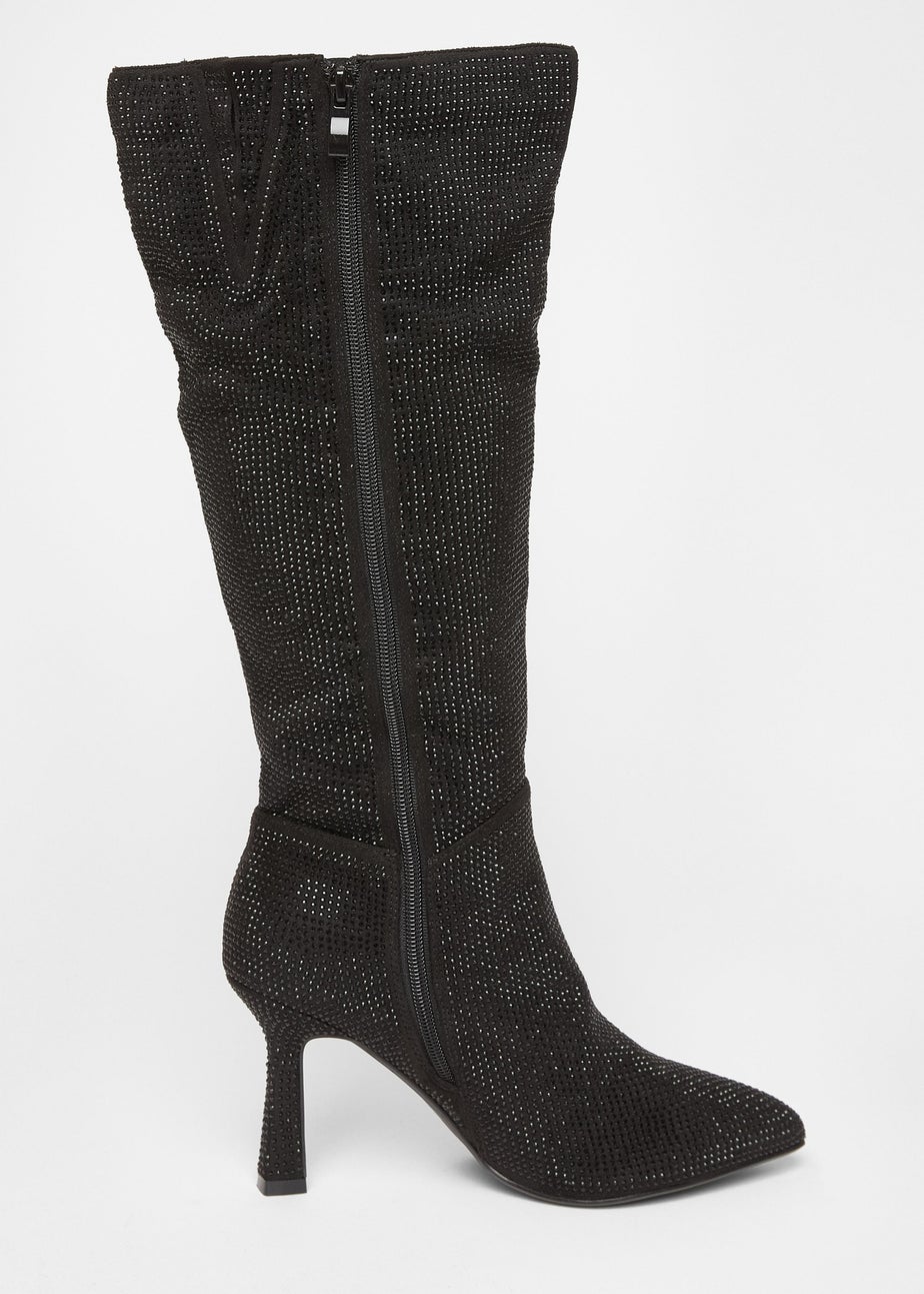 Quiz Black Wide Fit Diamante Knee High Boot