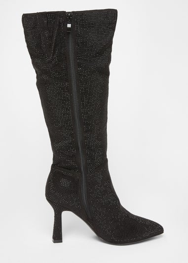Quiz Black Wide Fit Diamante Knee High Boot
