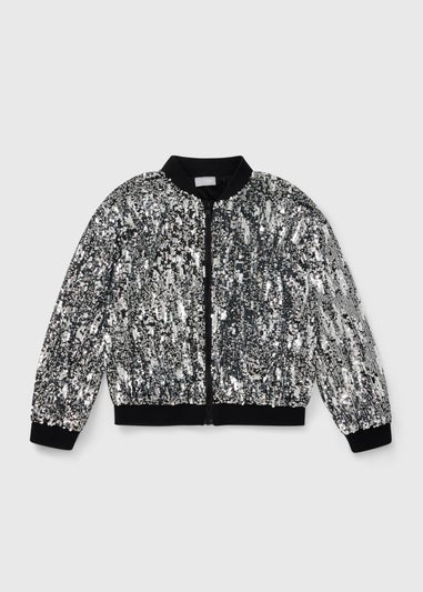 Girls Silver Sequin Bomber Jacket (7-15yrs)