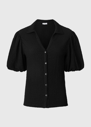 Black Textured Puff Sleeve Shirt
